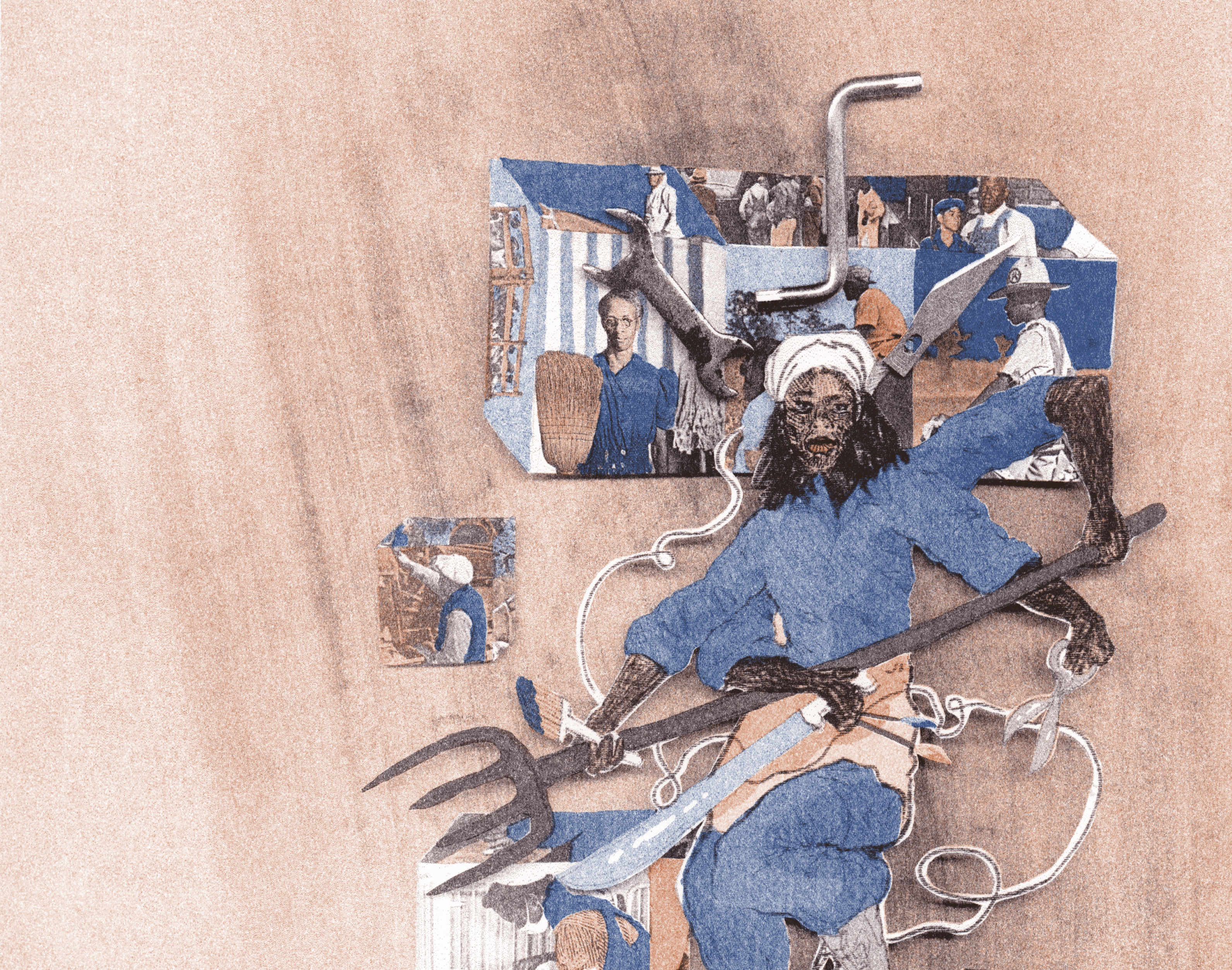 Collage-style artwork of a dark-skinned figure in blue work clothes holding a pitchfork and large scissors, surrounded by small cube-like scenes of labor workers, loose white cords, and smoky gray marks on a pale peach background.