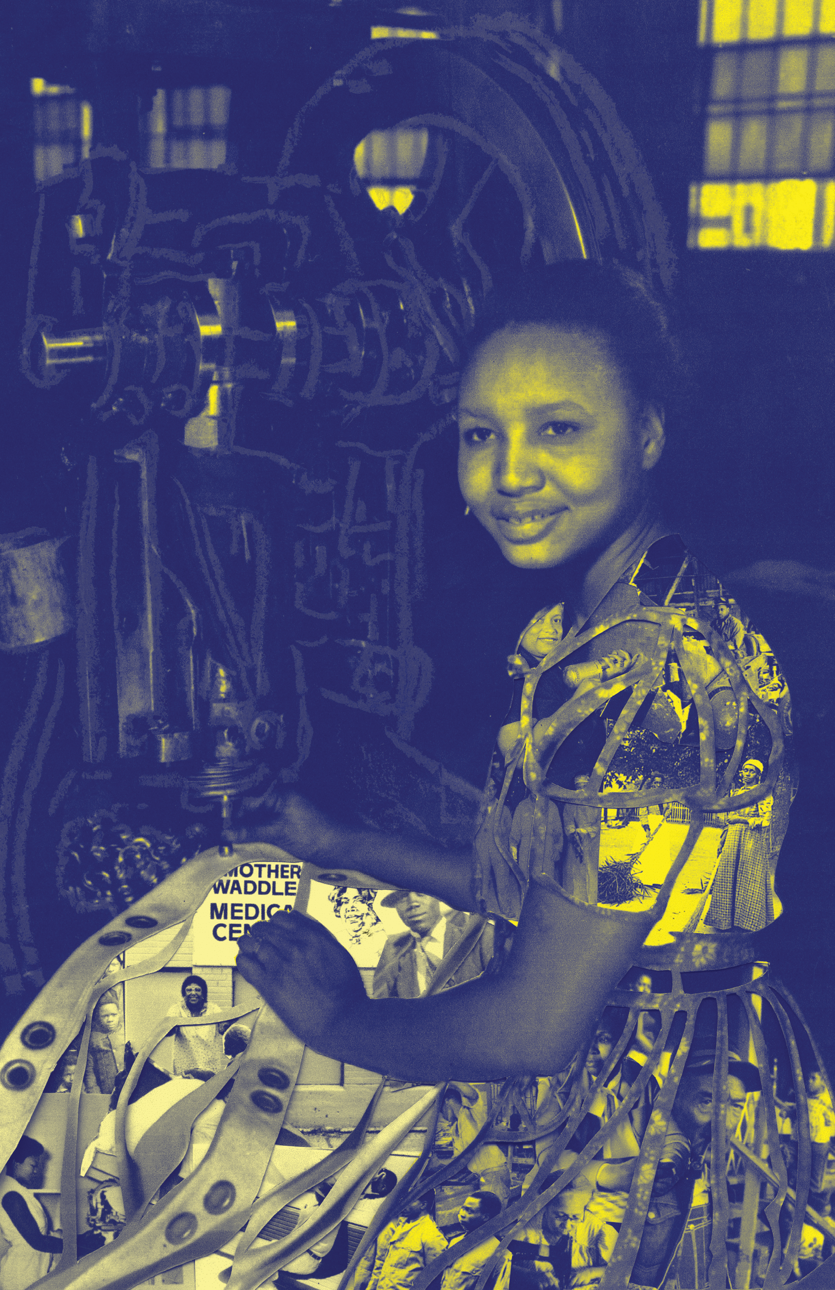 Promotional poster for Mini Black Zine Fair: Detroit. The image is a layered collage in deep blue and yellow hues, featuring archival duo-tone portraits of Black people in their daily lives. At the center is a smiling Black woman operating a rivet machine overlaid with mechanical and metallic elements. Under her machine press is a textile made up of photos including signage for Mother Waddles Medical Center. Bold yellow text includes date and location information readable elsewhere on this webpage.